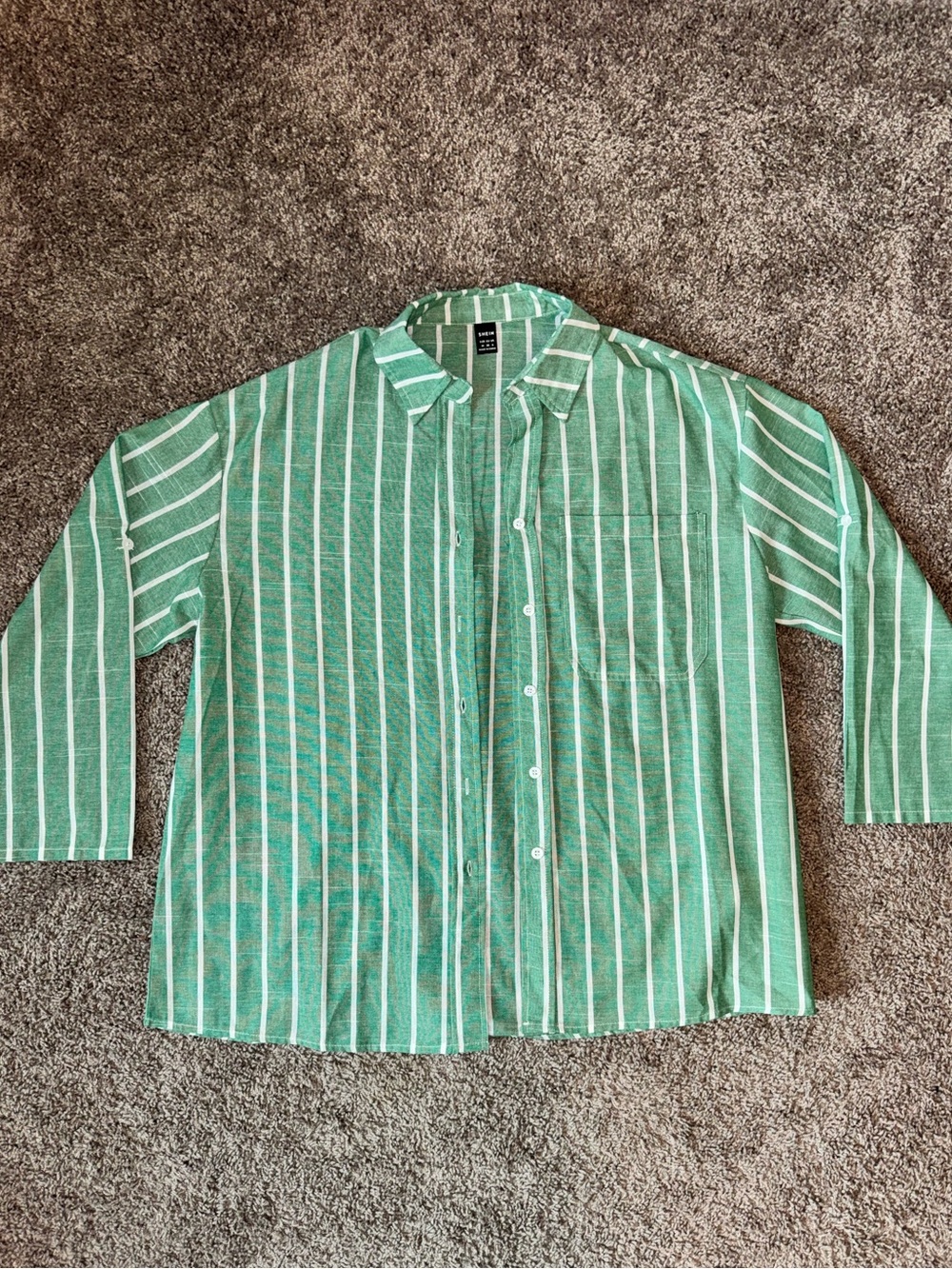 SHEIN Medium Green and White Vertical Stripe Button-Down Shirt
